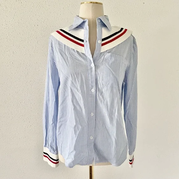 Women's Size Medium Blue/White Striped Ruffle Knit Long Sleeve Button Down Shirt - Picture 2 of 7